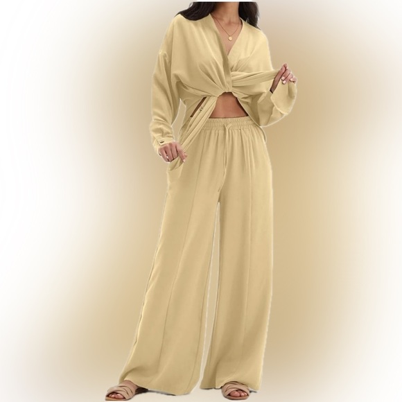 🆕 NWT - DEEP SELF 2 Pc Casual Slit Hem Button Shirt Wide Leg Pant Loungewear S - Picture 4 of 5